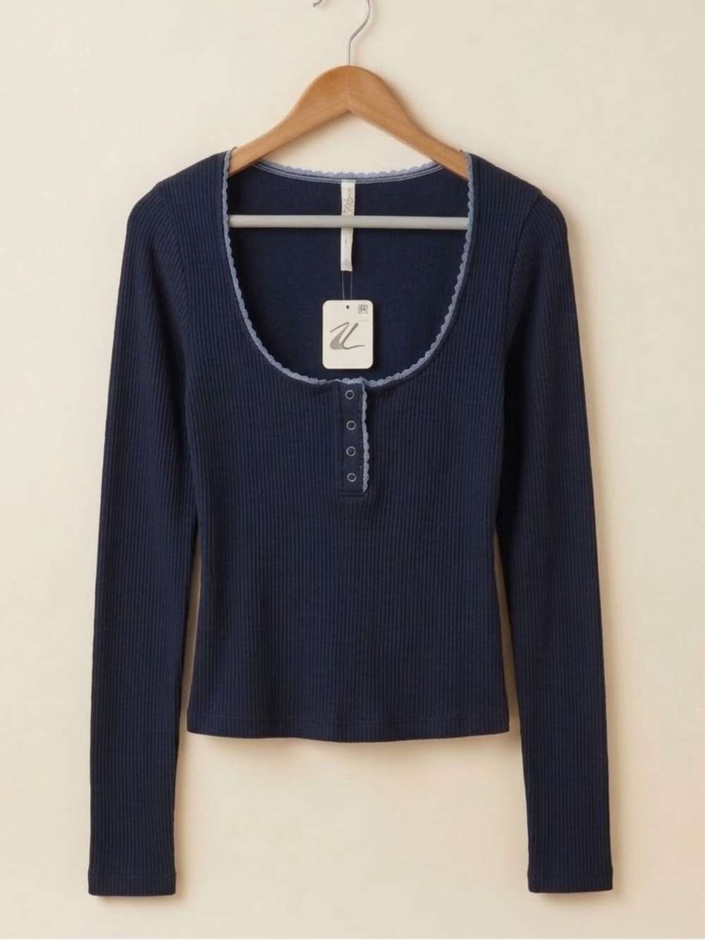 Free People Ribbed Navy Long-Sleeve Henley Top